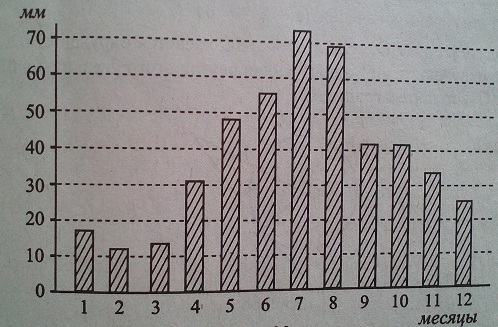 На диаграмме показана месячная норма осадков для города Красноярска. По горизонтали указываются месяцы, по вертикали - количество осадков в мм. Определите месяц с наименьшей нормой осадков.